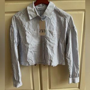 Zara Blue & White Pinstripe Long Sleeve Button Up Shirt NWT Size Small